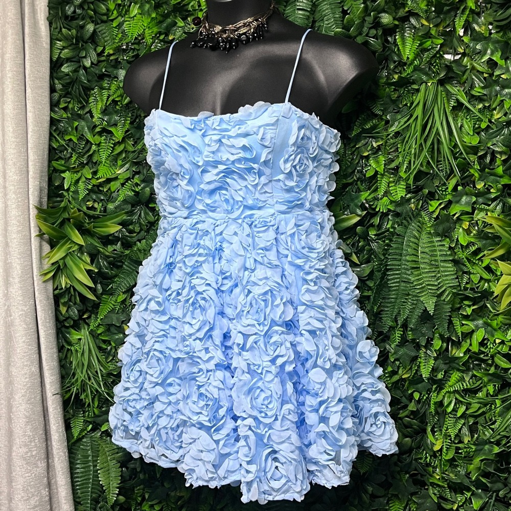 Angel Biba‎ Dress Large Light Blue 3D Rosette Floral Mini Spaghetti Strap 3634